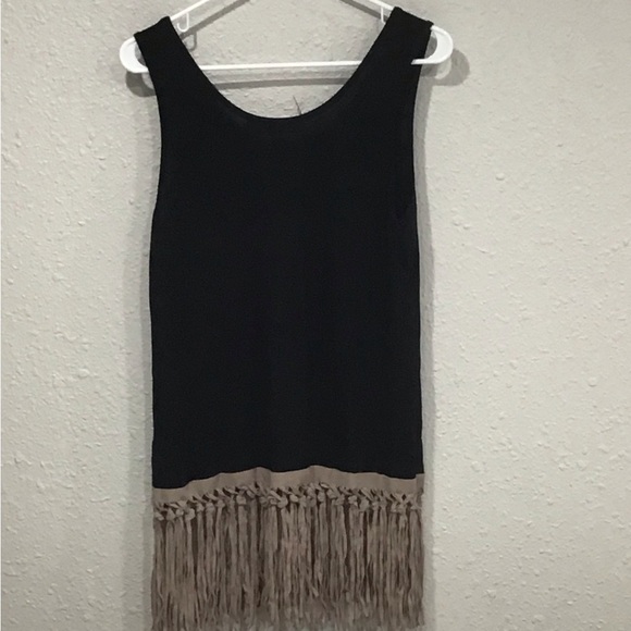 NWT Origami by Vivien Black Taupe Suede Fringe Hem Western Boho Tank Top Size L - Picture 7 of 7